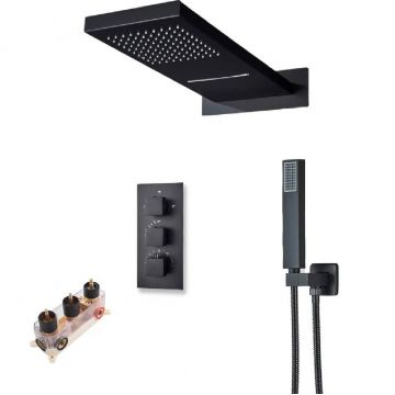 Set de dus cu para tip cascada cu termostat, negru mat, cu 3 functii de curgere a apei, cod 1545